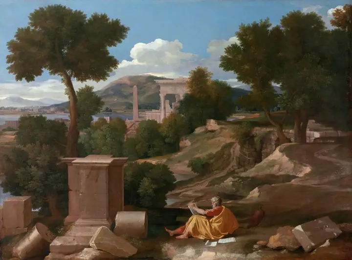 Paisaje con San Juan en Patmos, Nicolas Poussin