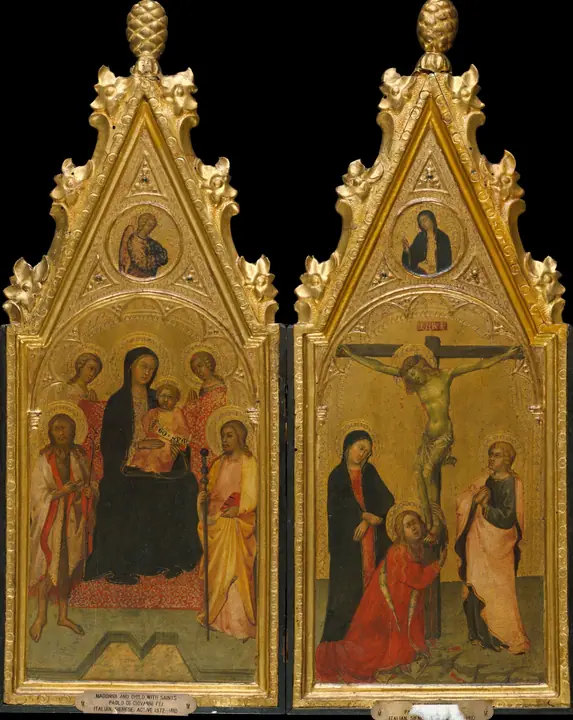 Virgen con el Niño entronizada con dos ángeles y los santos Juan Bautista y Santiago el Mayor y (arriba) el án, Paolo di Giovanni Fei