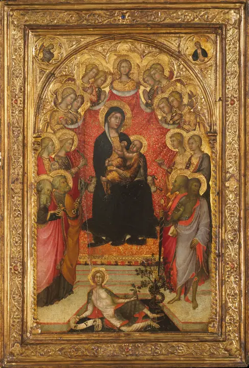 Virgen con el Niño entronizada con san Juan Evangelista, san Pedro, santa Inés, santa Catalina de Alejandría,, Paolo di Giovanni Fei