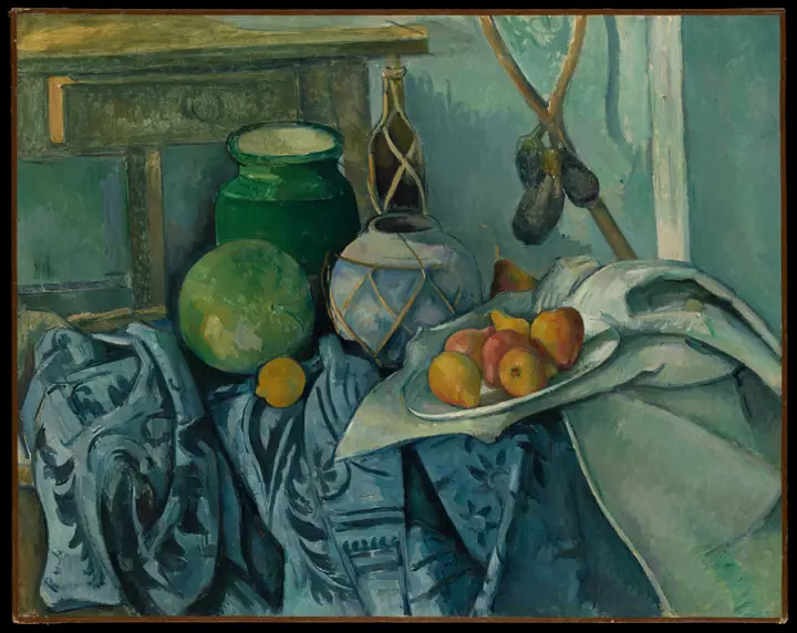 Bodegón con tarro de jengibre y berenjenas, Paul Cézanne