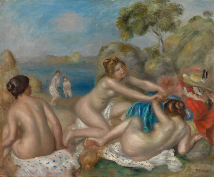 Bañistas jugando con un cangrejo, Pierre-Auguste Renoir