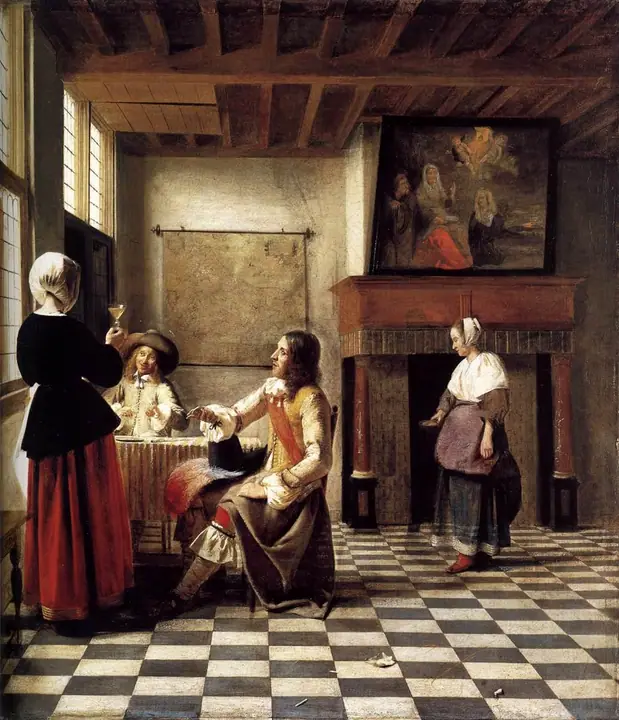 Mujer bebiendo con dos hombres, Pieter de Hooch