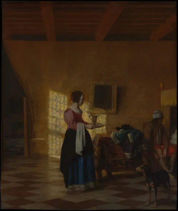 Mujer con un jarro de agua, y un hombre junto a una cama, Pieter de Hooch