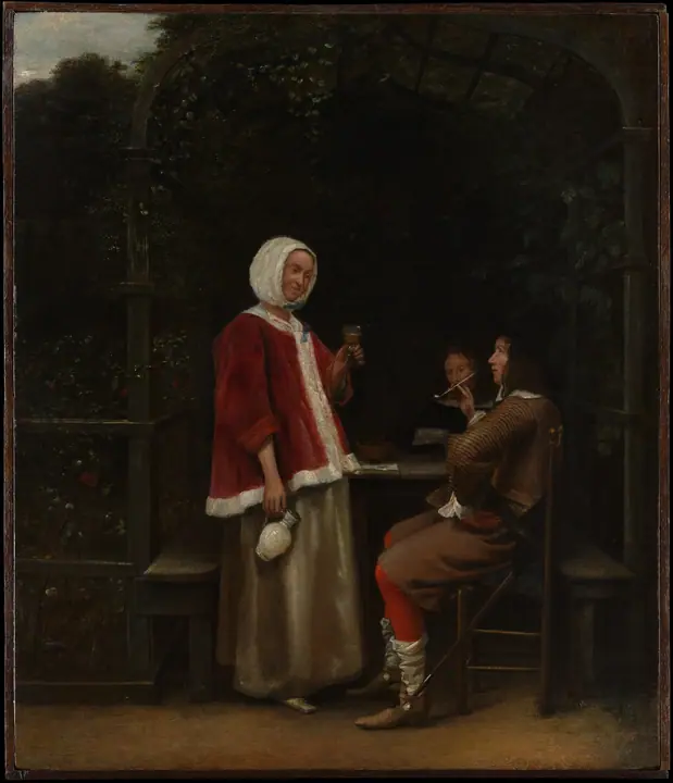 Una mujer y dos hombres en un cenador, Pieter de Hooch