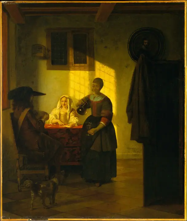 Una pareja jugando a las cartas, con una sirvienta, Pieter de Hooch