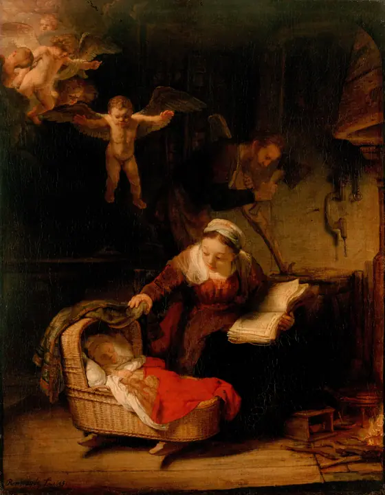 La sagrada familia con ángeles, Rembrandt van Rijn