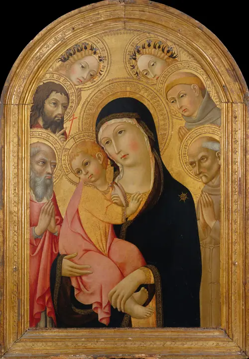 Virgen con el Niño y los santos Jerónimo, Bernardino, Juan Bautista y Antonio de Padua, y dos ángeles, Sano di Pietro