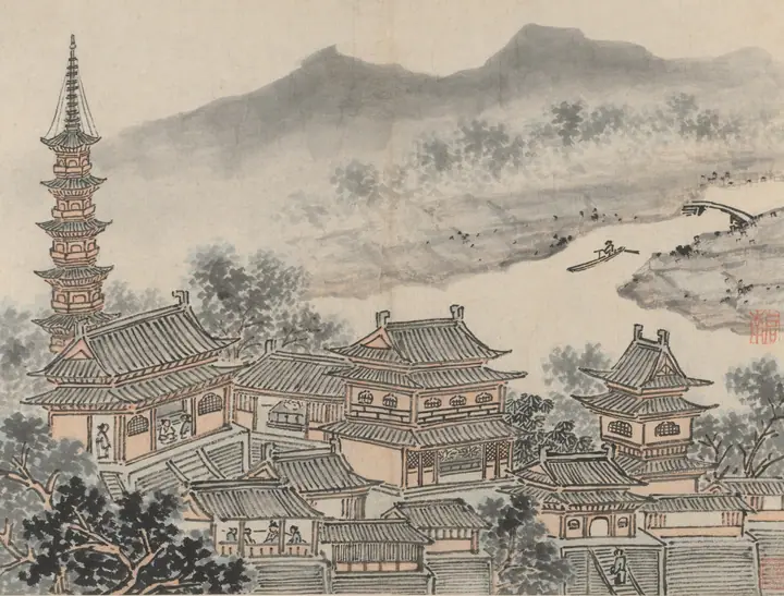 El Salón de los Mil Budas y la pagoda del monasterio del 'Acantilado de las Nubes', de Doce vistas de la colin, Shen Zhou