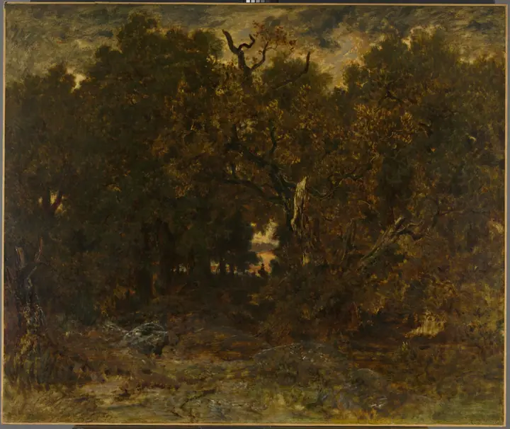 Saliendo del bosque de Fontainebleau, puesta de sol, Théodore Rousseau
