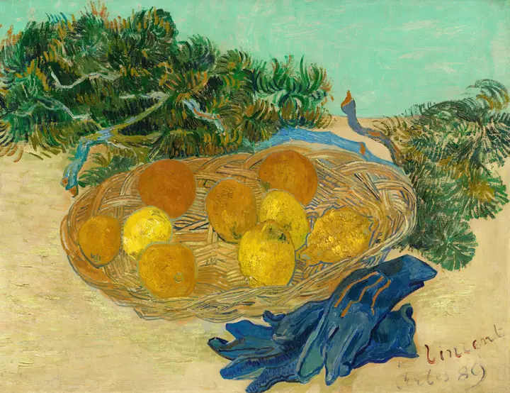 Naturaleza muerta con naranjas y limones y guantes azules, Vincent van Gogh