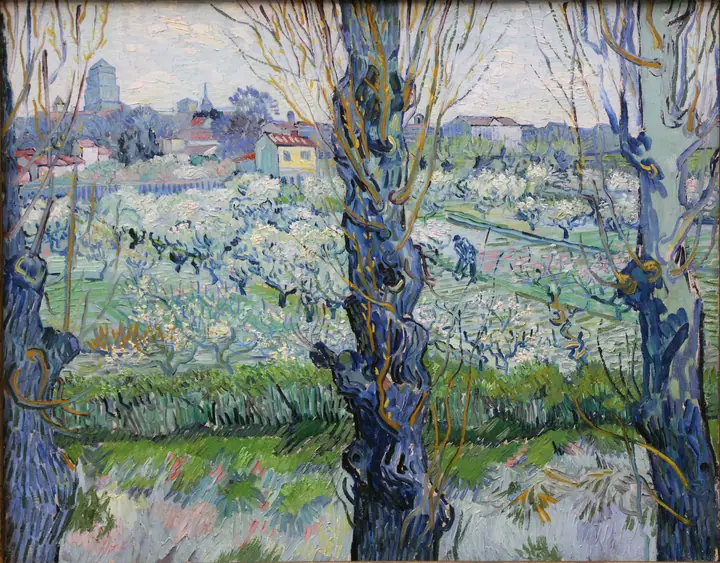 Vista de Arlés, huertos en flor, Vincent van Gogh