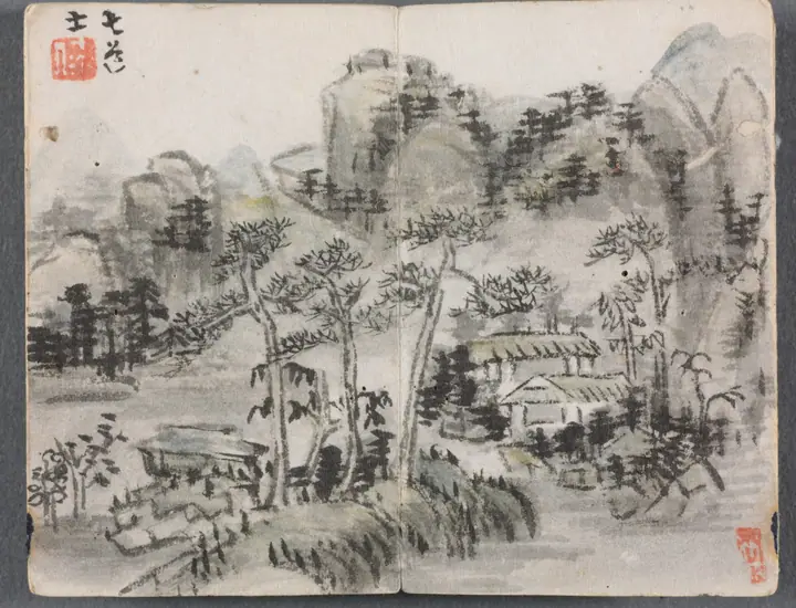 Álbum en miniatura con figuras y paisaje (Paisaje con dos edificios), Zeng Yandong
